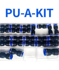 PU-A-KIT case of Heavy Duty Straight Push Pneumatic Fitting Connector Kit For Air Hose Tube Trachea Pipe Including 23 Pc Assortment Sizes 4mm To 12mm Super Easy Install And Leak Proof Polyurethane PU Plastic Couplers