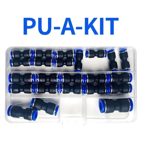 PU-A-KIT case of Heavy Duty Straight Push Pneumatic Fitting Connector Kit For Air Hose Tube Trachea Pipe Including 23 Pc Assortment Sizes 4mm To 12mm Super Easy Install And Leak Proof Polyurethane PU Plastic Couplers