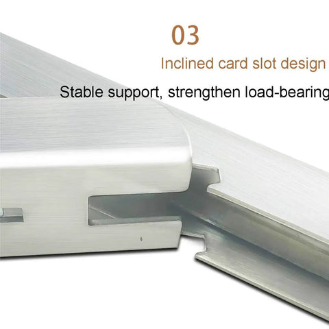 Heavy Duty Folding Triangle Wall Brackets For Custom Corner Shelves, Built Like A Tank Stainless Steel Corner Supports close-up of inclined card slot design.