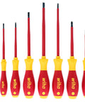 Insulated SoftFinish 7 Piece Screwdriver Set Pro Grade VDE Tested Up To 1000V arranged side by side, ergonomic cushioned grips visible
