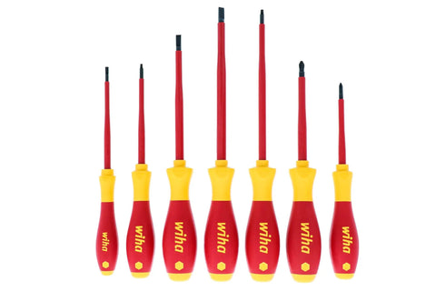 Insulated SoftFinish 7 Piece Screwdriver Set Pro Grade VDE Tested Up To 1000V arranged side by side, ergonomic cushioned grips visible