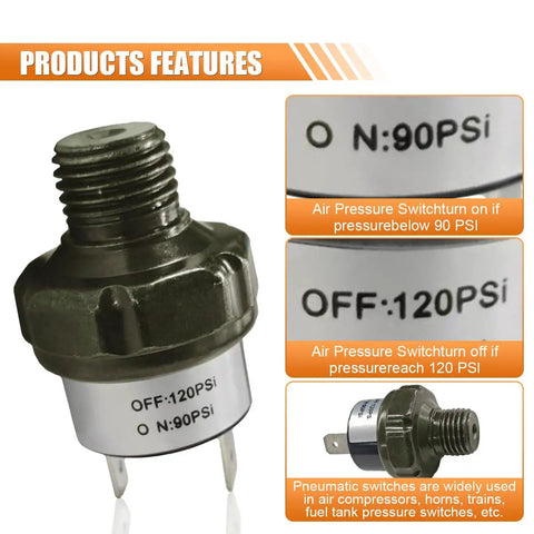 90 To 120 PSI Air Pressure Switch With One Quarter Inch NPT Thread For DC 24V Or 12V Air Compressors, Tank Or Air Horn Systems