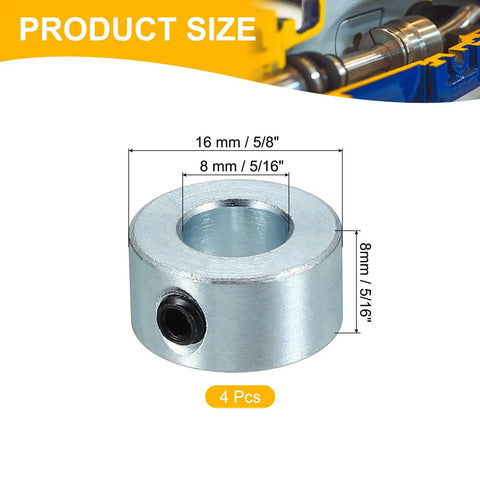 Four Pack 5/16 Bore Shaft Collars With 5/8 Outer Diameter And 5/16 Thick Carbon Steel Zinc Plated Includes M4 Set Screws And Wrench Industrial Grade Precision Fit Secure Shaft Clamp For Machine Tools Landing Gear Stopper Wheel Collar, 16 mm OD, 8 mm thick