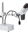 Pro Grade Binocular Stereo Microscope With Long Working Distance Boom Arm For Big Jobs Like Circuit Boards And Dental Appliances With Interchangeable WF10x And WF20x Eyepieces For Sharp Precise Inspection, shown on boom arm