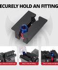 Professional Grade 4 Inch Magnetic Vise Jaw Pads Crafted From Heavy Duty Solid Aluminum AN Fitting Protectors holding AN fittings in a bench vise.