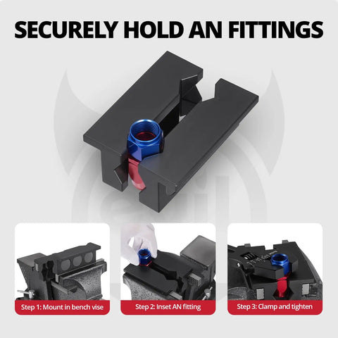 Professional Grade 4 Inch Magnetic Vise Jaw Pads Crafted From Heavy Duty Solid Aluminum AN Fitting Protectors holding AN fittings in a bench vise.