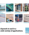 Image showing various applications of 5-Pack All-Purpose Foam Sealant Tape for windows, doors, metal buildings, and more.