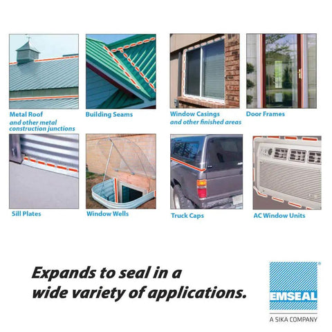 Image showing various applications of 5-Pack All-Purpose Foam Sealant Tape for windows, doors, metal buildings, and more.