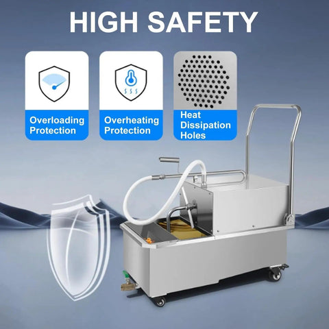 Heavy Duty 38L Commercial Oil Filtration Speed System For Deep Fryers with safety features and stainless steel tank.