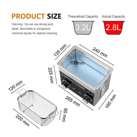 Heavy Duty 3 Liter Stainless Steel Ultrasonic Cleaner With 180 Watt Heating And Programmable Timer product size dimensions and basket shown