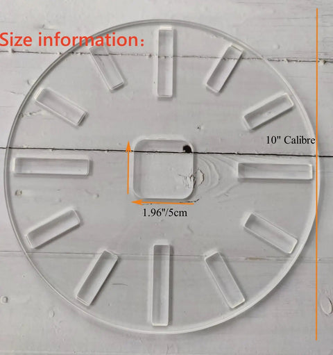 10 Inch Caliber Clock Router Template Guide Rock Solid Acrylic Jig for Heavy Duty Woodworking, showing clear markings and dimensions.