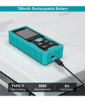 Heavy Duty 100 Meter Green Laser Rangefinder Rechargeable Digital Distance Measuring Tool with USB charging port on a table.