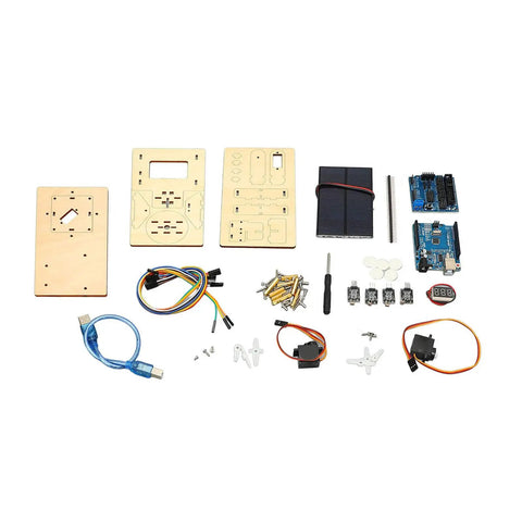 Solar Powered STEM Learning Kit For Kids DIY Wooden Smart Tracker Project For Hands On Programming IDE Compatible Classroom And Home Learning Beginner Friendly with solar panel, wooden parts, wires and controller boards