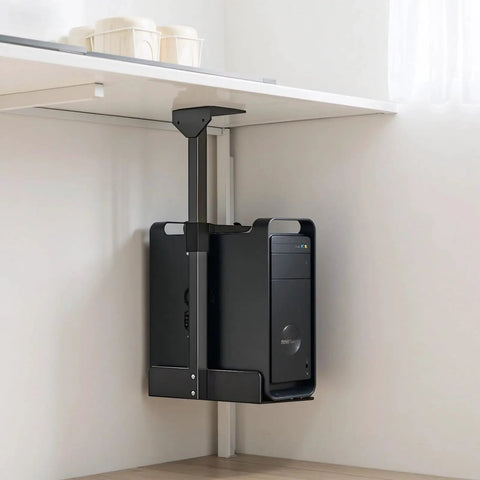 Tough As Nails Under Desk CPU Bracket holding a black desktop tower, adjustable height and width, securing space under a desk.