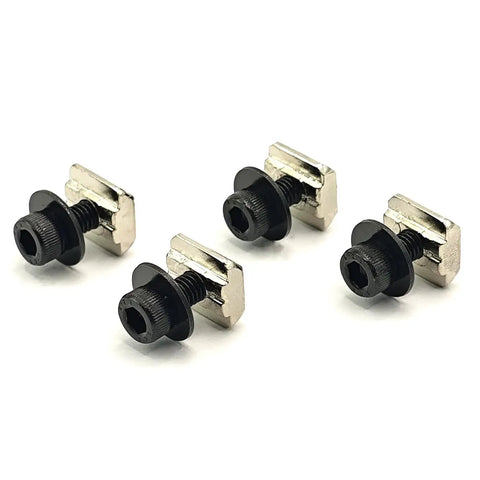 Heavy Duty T Slot Mounting Nuts And Screws Replacement Kit For Racing Simulator Wheel Base Upgrade Crafted From Top Tier Steel For A Super Quick No Sweat Install On Your Rig, showing four black steel fasteners.