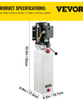 Front view of VEVOR hydraulic power unit with white 6L reservoir, black motor, green button and red knob.
