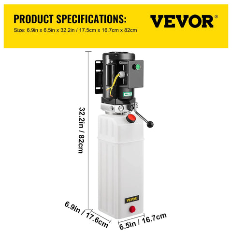 Front view of VEVOR hydraulic power unit with white 6L reservoir, black motor, green button and red knob.