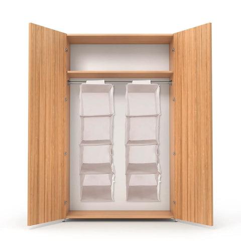 Four Tier Hanging Closet Storage Bag With Thick Oxford Fabric Drop Dead Durable Foldable Door Organizer inside a wardrobe.