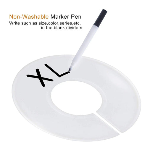 Set Of 20 Closet Size Dividers For Clothing Racks With Marker Pen Included, showing a white blank label being marked with 'XL'