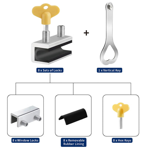 8 Sets Sliding Window Locks With Aluminum Security Door Window Stoppers for horizontal and vertical windows and doors.