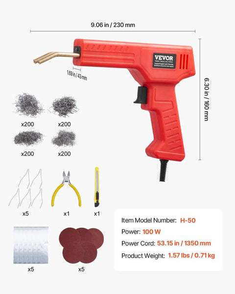 100W Plastic Welder Gun With 800 Hot Staples And Led Light Rapid Heating Bumper Repair Kit For Cars Kayaks And Toys, includes tools and accessories.