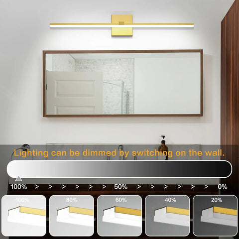 Gold 24 Inch Dimmable LED Vanity Light for Bathroom Over Mirror in 6000K Cool White, shown with dimming options