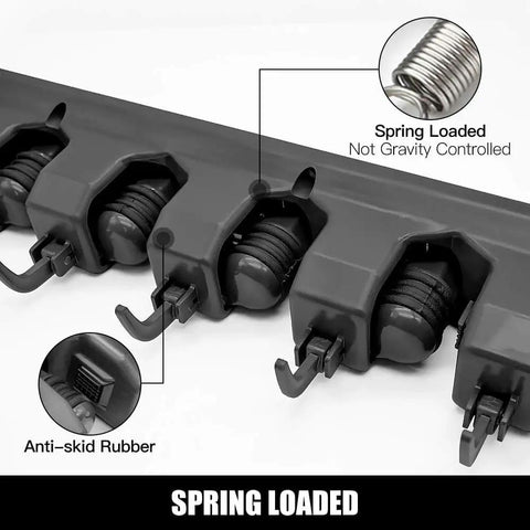 Close-up of 2 Pack Wall Mounted Mop And Broom Holder Organizer with five ball slots showing spring-loaded holders and anti-skid rubber.