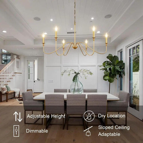 Gold 6 Light Candle Chandelier With Dope Modern Brass Farmhouse Vibe Wrought Iron Ceiling Pendant Light Fixture over dining table