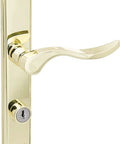 Serenade Mortise Keyed Lever Lock Set With Deadbolt For Screen And Storm Doors Polished Brass Non Handed Fits Out Swing Metal And Wood Doors One And One Eighth To Two Inches Thick With Two Keys; polished brass finish