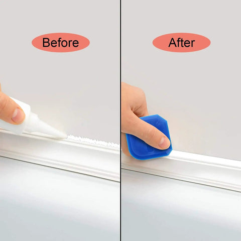 Before and after using Two Piece Caulking Tool Set For Sealant, Grout, And Caulk Smoothing, Flexible Plastic Tools, Blue