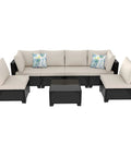 7 Piece Wicker Patio Furniture Set With Waterproof Cushions, Outdoor Conversation Couch Set displayed with coffee beige cushions