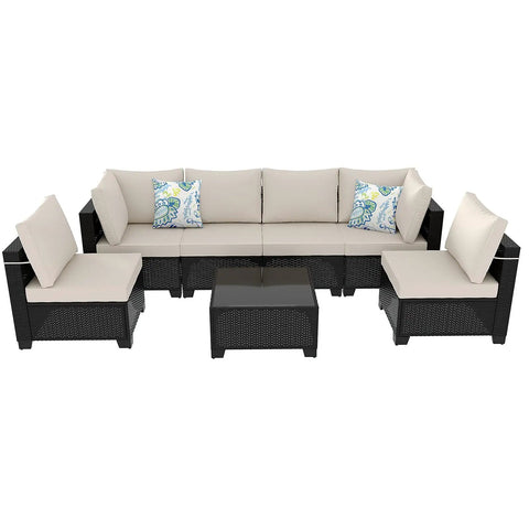 7 Piece Wicker Patio Furniture Set With Waterproof Cushions, Outdoor Conversation Couch Set displayed with coffee beige cushions