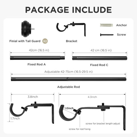 Heavy Duty Black Curtain Rod Adjustable From 32 To 88 Inches 1 Inch Diameter Decorative Drapery Rod With Resin Finials parts diagram