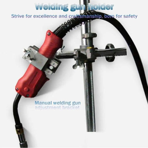 Welding gun holder with manual adjustment bracket for stability, designed for precision in welding tasks.