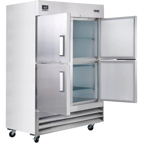 Badass Heavy Duty Commercial Reach In Refrigerator Featuring Four Solid Doors And Split Door Layout For Prime Cold Storage with open doors.