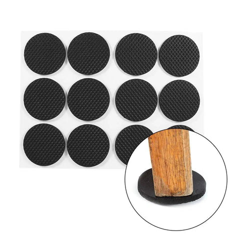 12 Piece Black Rubber Feet Pads Self Adhesive Floor Protectors for furniture shown with wood leg application.