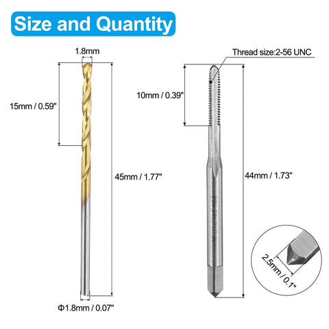 Tap And Drill Bit Set 2-56 UNC Right Hand Screw Tap And 1.8mm Drill Bit HSS 6542 Titanium Coated dimensions chart