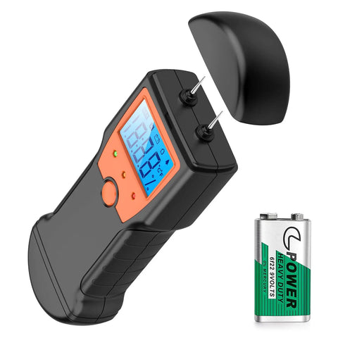 Wood Moisture Meter For Firewood With Digital Pin Type Tester No Brainer Tool with LCD display, pins, cap, and battery