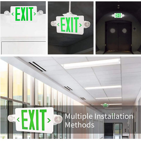 Green LED Exit Sign With Battery Backup And Emergency Lights, 4 Pack, installed in various indoor settings, adjustable head dual lamp