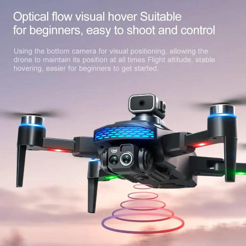 Close-up of Dope Dual Camera Drone With Built In LCD Remote Screen For 8K Aerial Photography hovering with optical flow sensor.