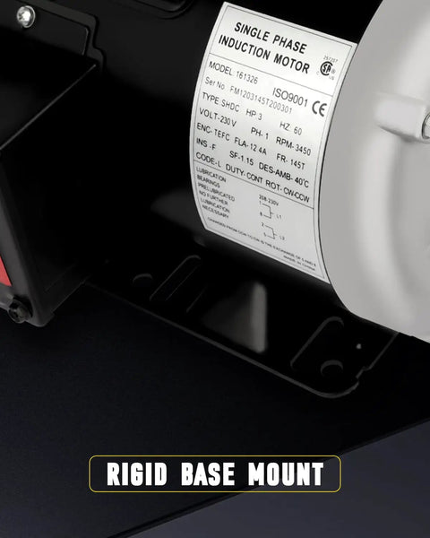 Label close-up of Beefed Up 3HP TEFC Electric Motor 230V 3450 RPM Farm Duty Single Phase 145T Frame with rigid base mount.