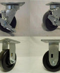 Heavy Duty Five By Two Inch Phenolic Casters Boasting A Rock Solid Kingpinless Build With Snappy Top Lock Brakes view from multiple angles.