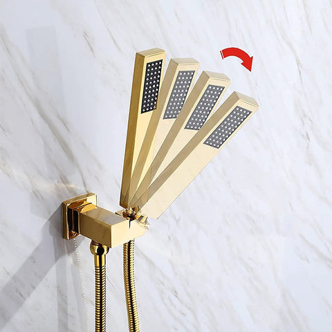 Heavy Duty Gold Thermostatic Shower System That Runs Flawless With 16 Inch Rainhead And Angled Handheld Sprayer Wall Mounted bathroom faucet kit with sleek gold spray panel.