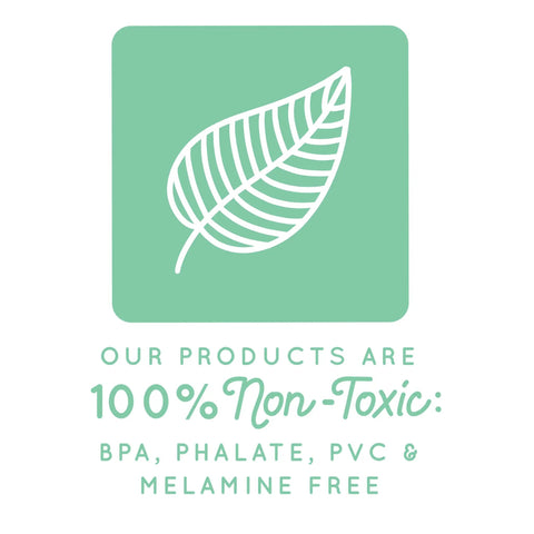 Green icon with white leaf illustration, text '100% Non-Toxic: BPA, Phalate, PVC & Melamine Free' emphasizing product safety.