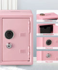 Pink mini money safe lock box for cash, jewelry and valuables with coin slot, small drawer, dial and key lock, durable steel security.