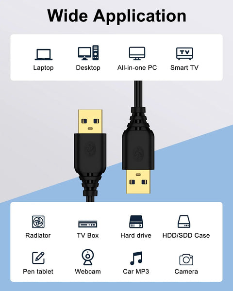 Durable USB A To USB A Cable 6 Foot Long USB 3.0 High Speed Data Transfer Cable For Printer And Other Gear Fast Sync For PC Laptop Hard Drive Hub And More, black dual-end USB A connectors