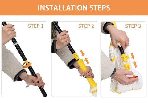 Installation steps for Self Wringing Twist Mop With Long 57 Inch Handle Microfiber Floor Mop With Top Scrub Pad.