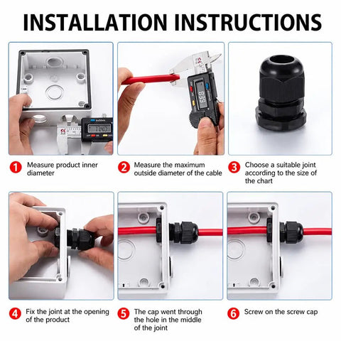 Installation instructions for Heavy Duty Nylon Cable Glands With Tough As Nails Ip68 Sealing and Grip Tight Adjustable Strain Relief Cord Locks.