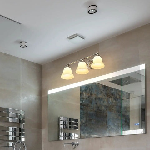 Dope Three Light Chrome Vanity Light Fixture With Frosted Glass Shades, Modern Wall Sconce Lighting in bathroom setting