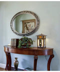 14 Inch Square Glass Lamp With Multicolor Shade on a wooden console table, oval mirror above, retro vibe stained glass style